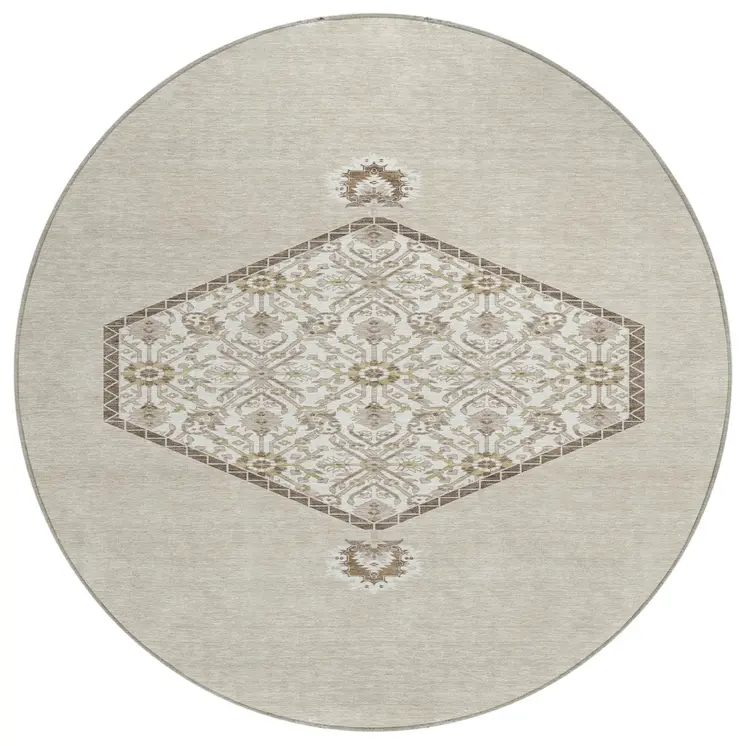 8' Beige Brown And Ivory Round Oriental Washable Indoor Outdoor Area Rug