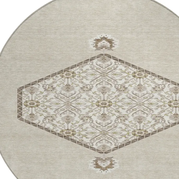 8' Beige Brown And Ivory Round Oriental Washable Indoor Outdoor Area Rug