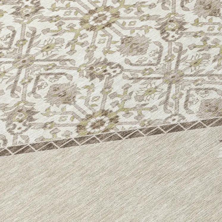 8' Beige Brown And Ivory Round Oriental Washable Indoor Outdoor Area Rug
