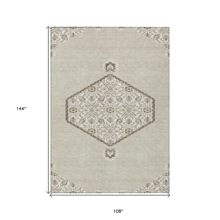9' X 12' Beige Brown And Ivory Oriental Washable Indoor Outdoor Area Rug