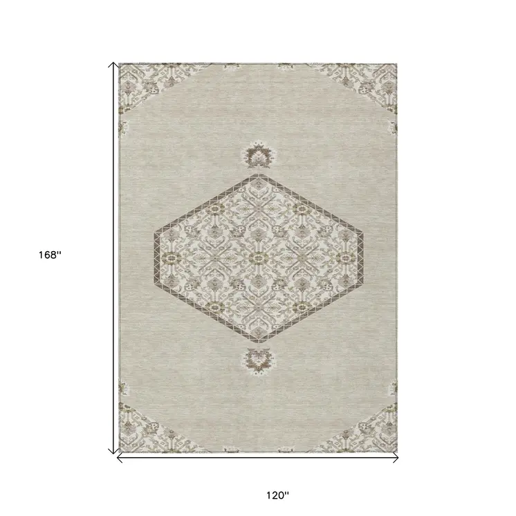 10' X 14' Beige Brown And Ivory Oriental Washable Indoor Outdoor Area Rug
