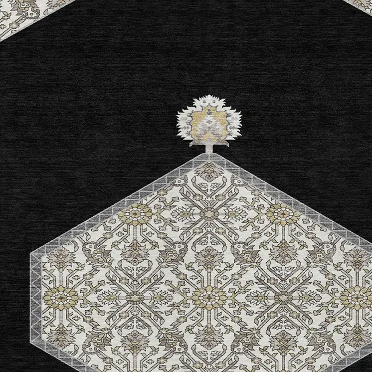 5' X 8' Black Gray And Ivory Oriental Washable Indoor Outdoor Area Rug