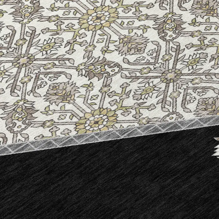 5' X 8' Black Gray And Ivory Oriental Washable Indoor Outdoor Area Rug