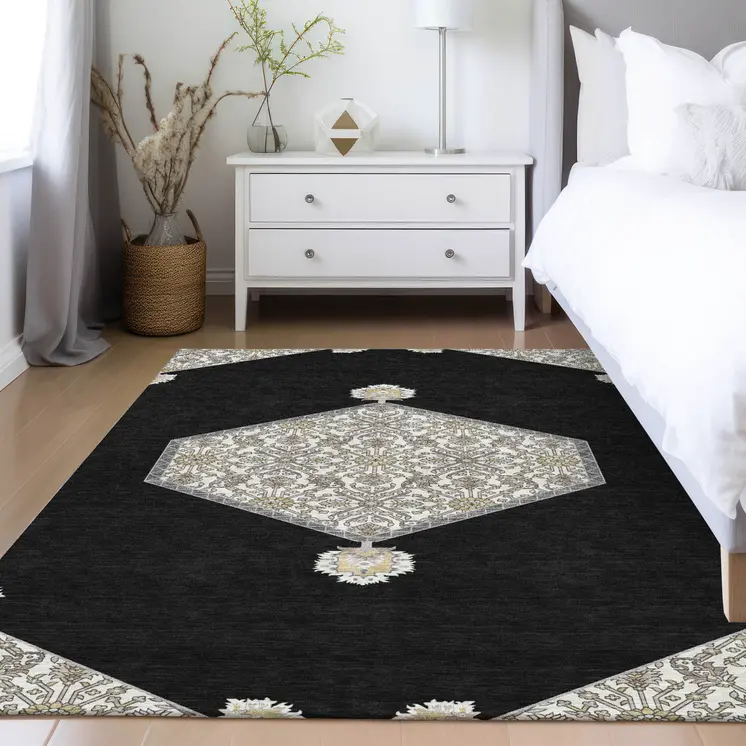 5' X 8' Black Gray And Ivory Oriental Washable Indoor Outdoor Area Rug
