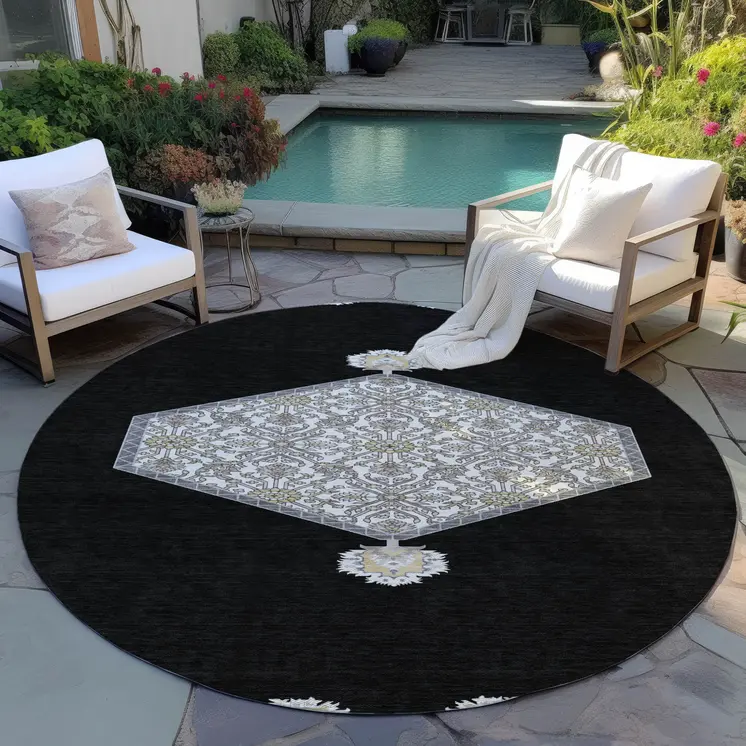 8' Black Gray And Ivory Round Oriental Washable Indoor Outdoor Area Rug