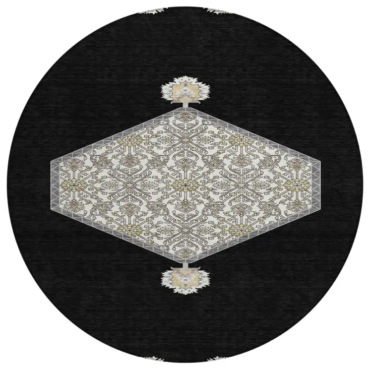 8' Black Gray And Ivory Round Oriental Washable Indoor Outdoor Area Rug