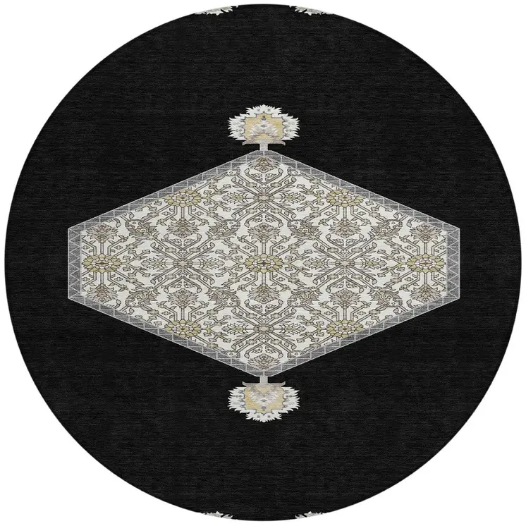 8' Black Gray And Ivory Round Oriental Washable Indoor Outdoor Area Rug