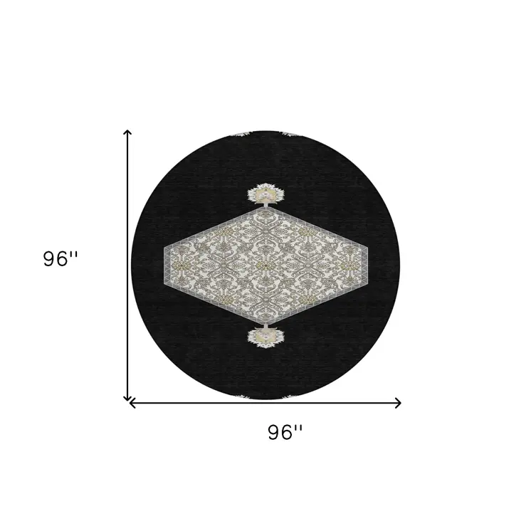 8' Black Gray And Ivory Round Oriental Washable Indoor Outdoor Area Rug