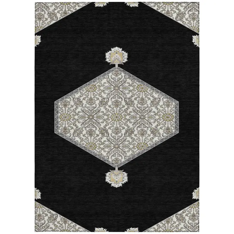 9' X 12' Black Gray And Ivory Oriental Washable Indoor Outdoor Area Rug