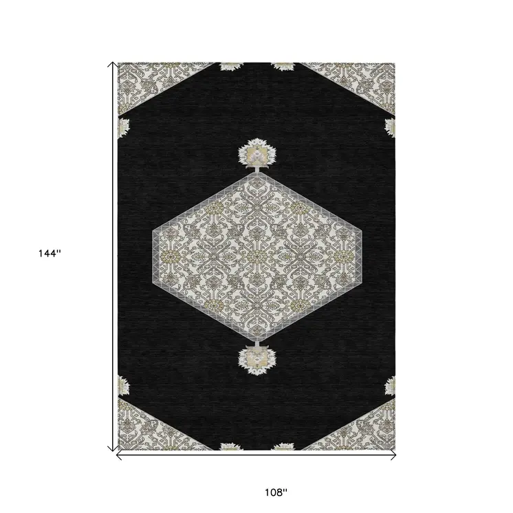 9' X 12' Black Gray And Ivory Oriental Washable Indoor Outdoor Area Rug