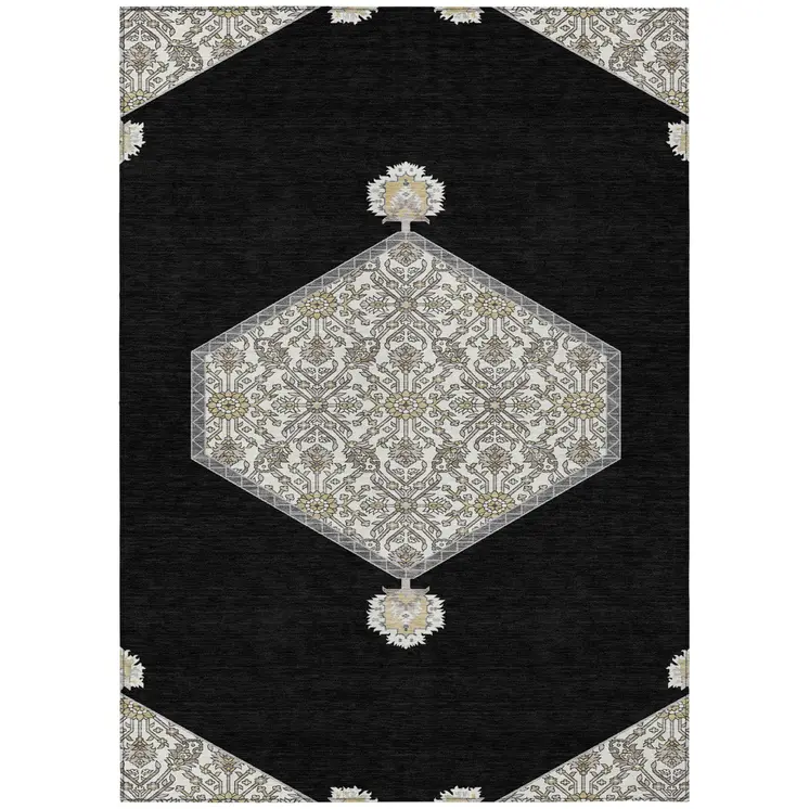 9' X 12' Black Gray And Ivory Oriental Washable Indoor Outdoor Area Rug