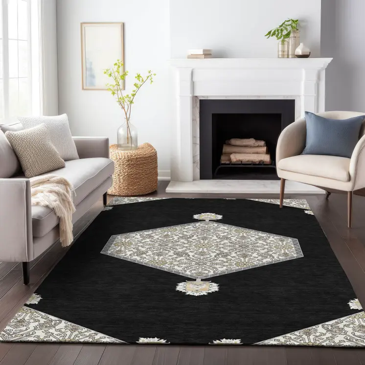 9' X 12' Black Gray And Ivory Oriental Washable Indoor Outdoor Area Rug
