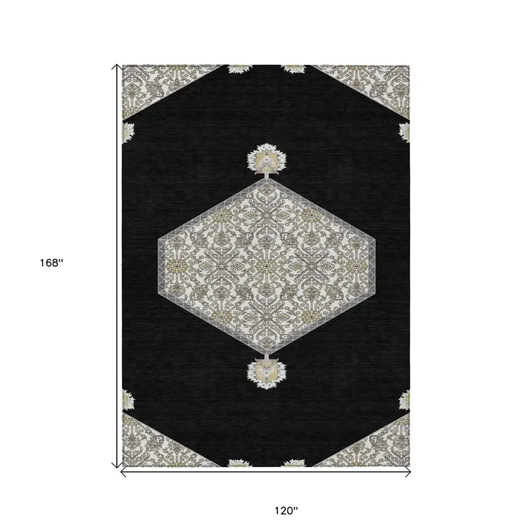 10' X 14' Black Gray And Ivory Oriental Washable Indoor Outdoor Area Rug