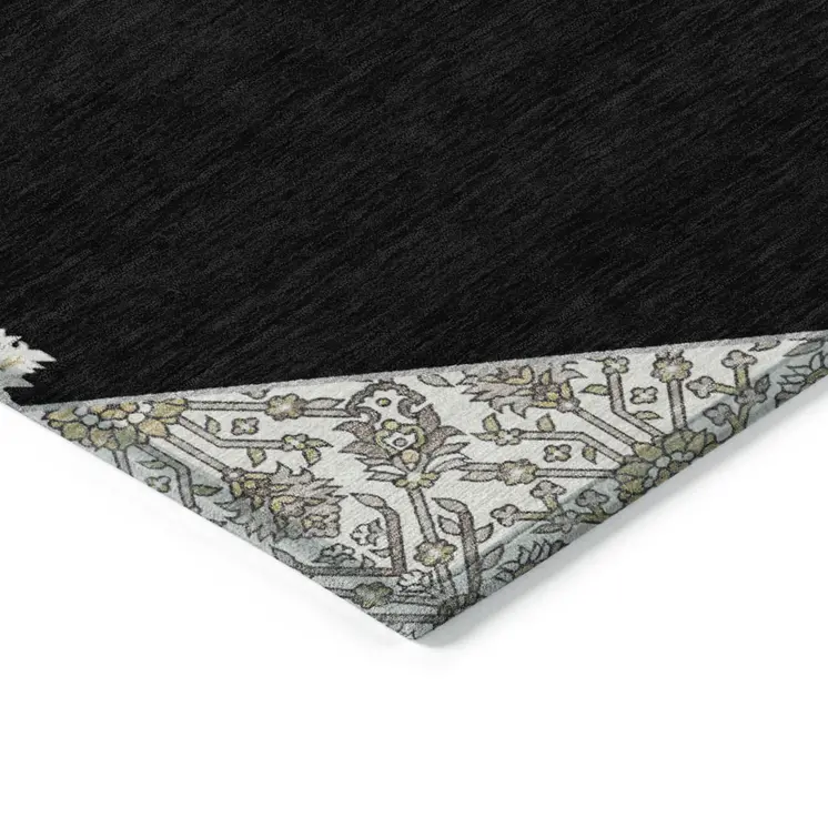 10' X 14' Black Gray And Ivory Oriental Washable Indoor Outdoor Area Rug