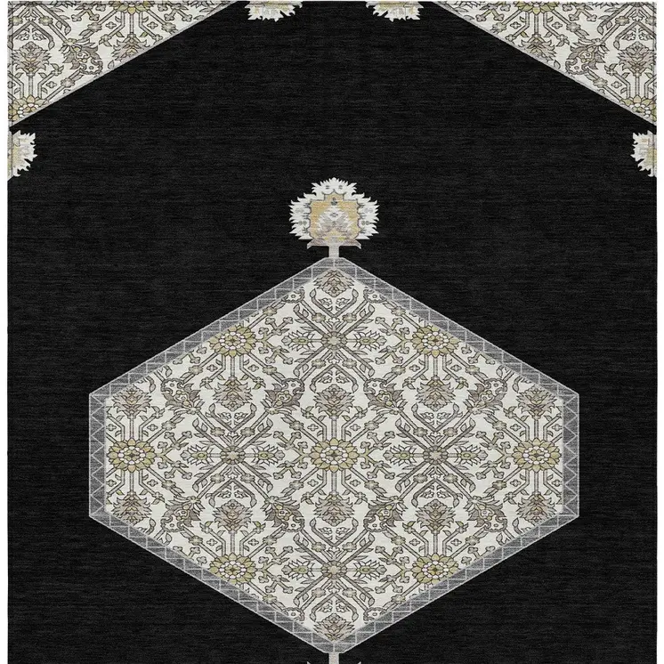 10' X 14' Black Gray And Ivory Oriental Washable Indoor Outdoor Area Rug