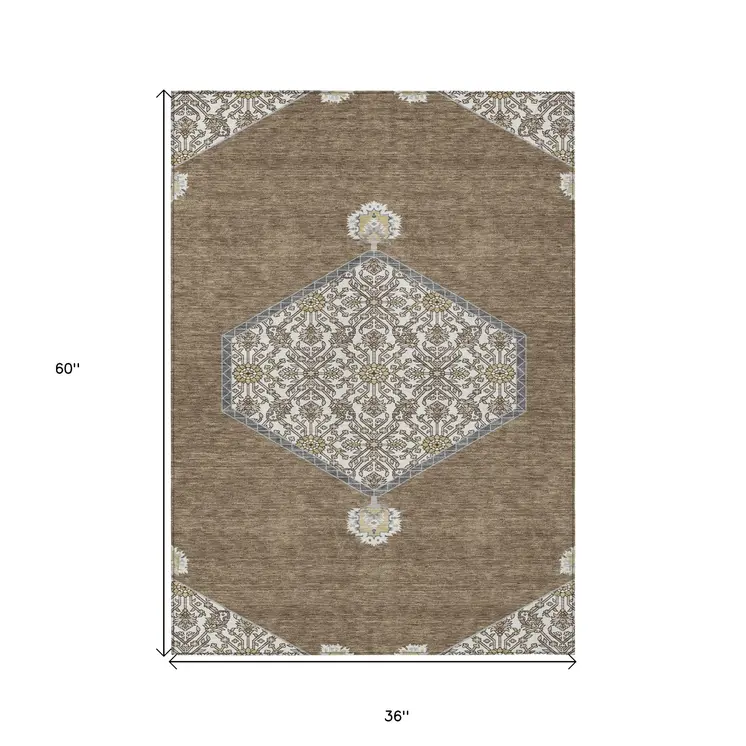 3' X 5' Brown Gray And Ivory Oriental Washable Indoor Outdoor Area Rug