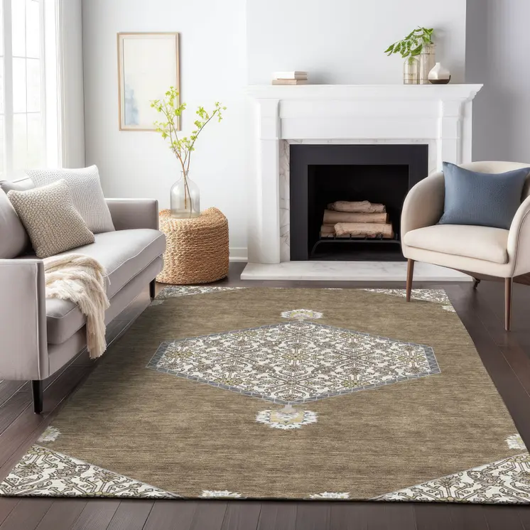 3' X 5' Brown Gray And Ivory Oriental Washable Indoor Outdoor Area Rug