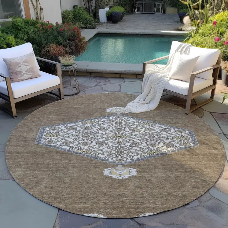 8' Brown Gray And Ivory Round Oriental Washable Indoor Outdoor Area Rug