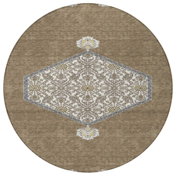 8' Brown Gray And Ivory Round Oriental Washable Indoor Outdoor Area Rug