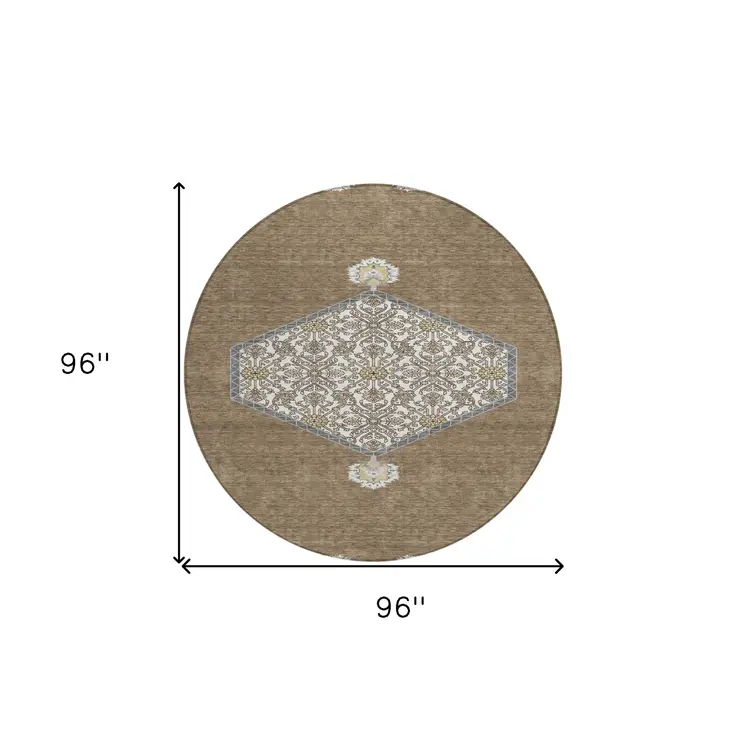 8' Brown Gray And Ivory Round Oriental Washable Indoor Outdoor Area Rug
