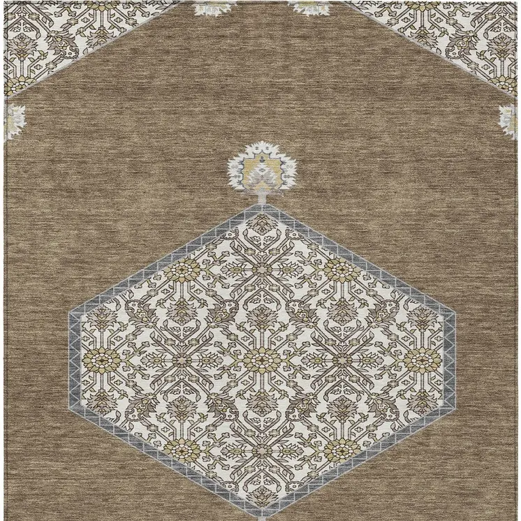 9' X 12' Brown Gray And Ivory Oriental Washable Indoor Outdoor Area Rug