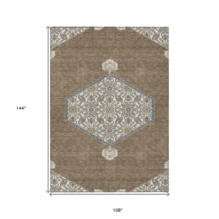 9' X 12' Brown Gray And Ivory Oriental Washable Indoor Outdoor Area Rug