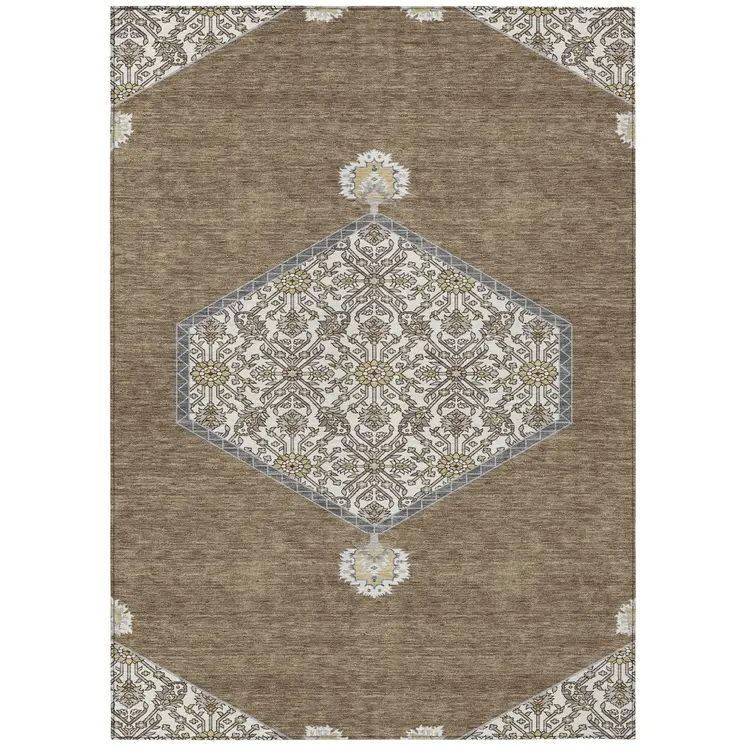 9' X 12' Brown Gray And Ivory Oriental Washable Indoor Outdoor Area Rug