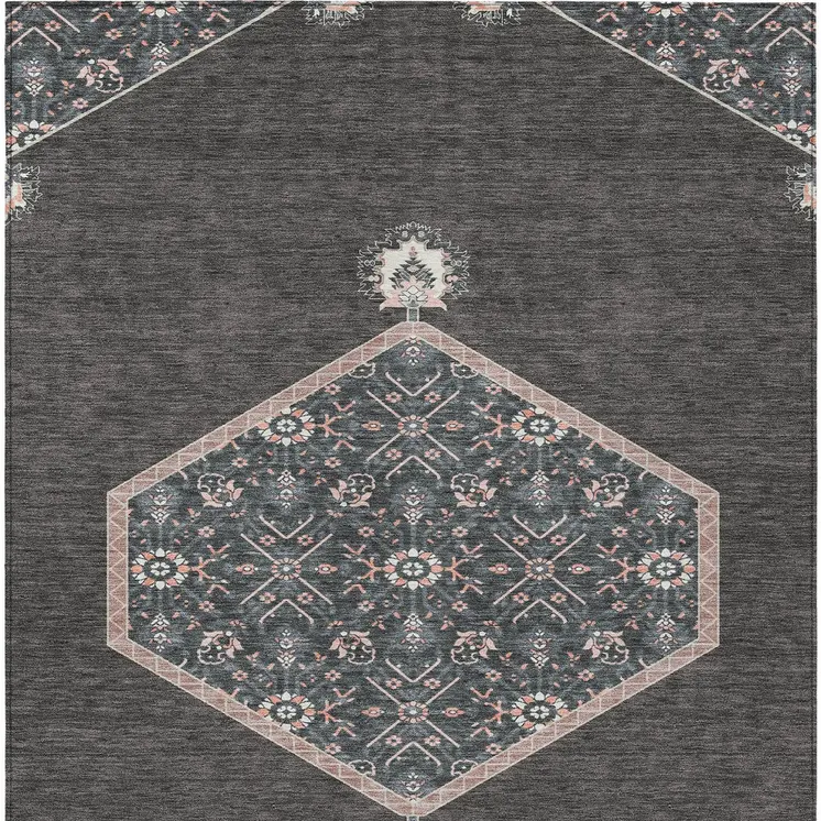 3' X 5' Charcoal Pink And Blue Oriental Washable Indoor Outdoor Area Rug
