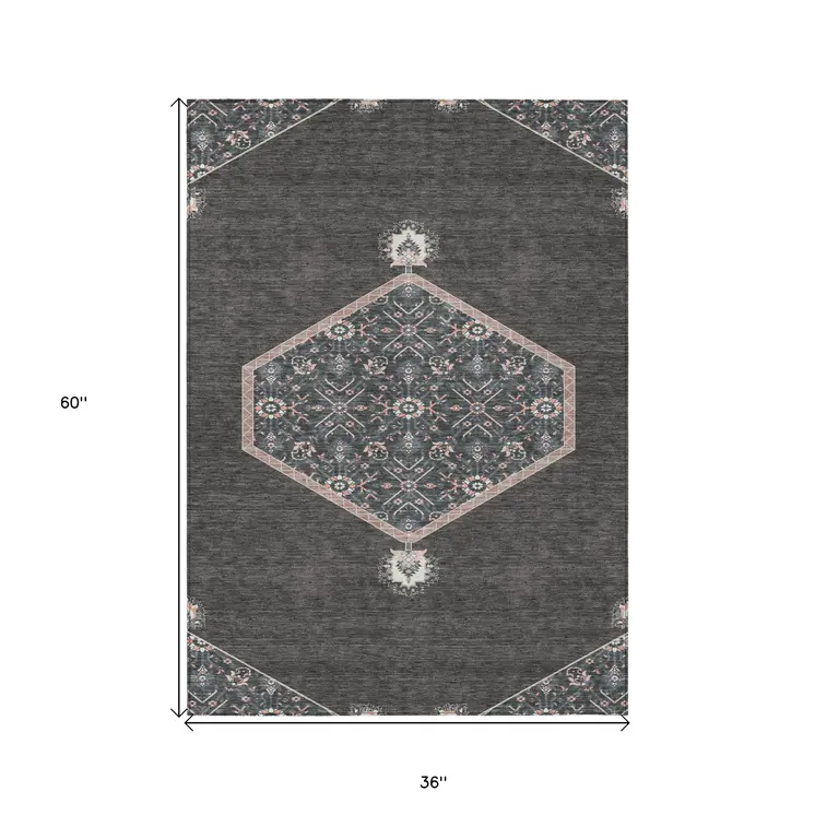 3' X 5' Charcoal Pink And Blue Oriental Washable Indoor Outdoor Area Rug