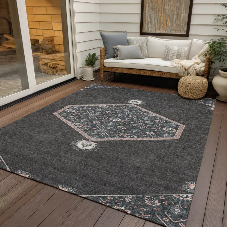 3' X 5' Charcoal Pink And Blue Oriental Washable Indoor Outdoor Area Rug