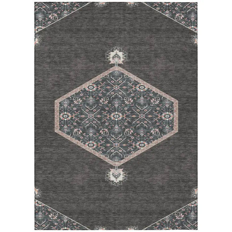 3' X 5' Charcoal Pink And Blue Oriental Washable Indoor Outdoor Area Rug