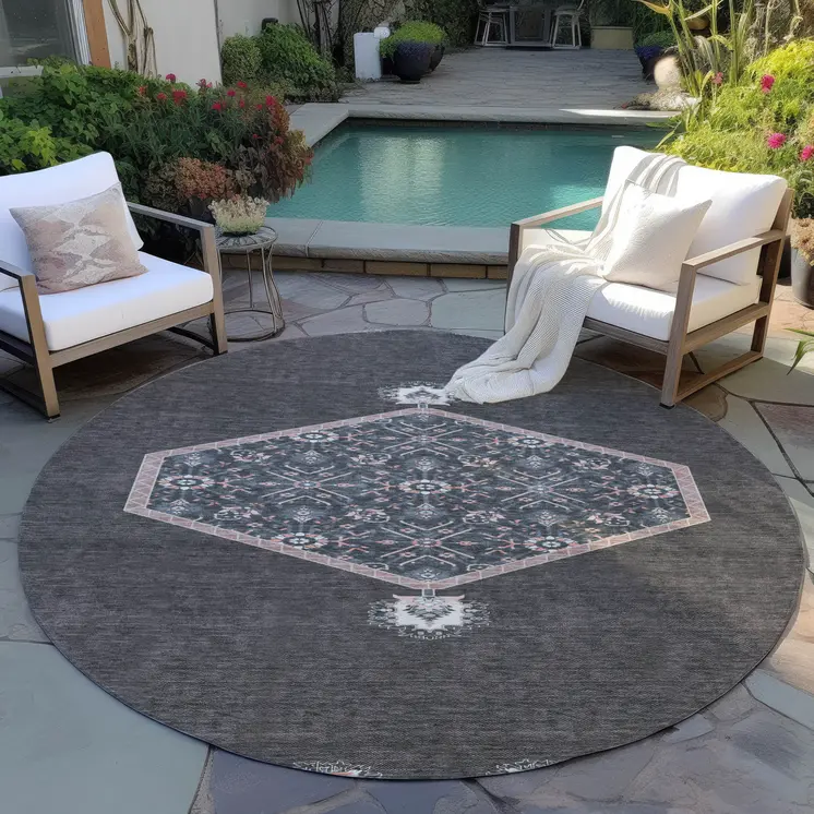 8' Charcoal Pink And Blue Round Oriental Washable Indoor Outdoor Area Rug