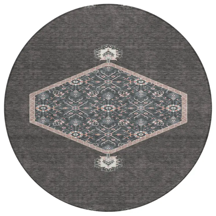 8' Charcoal Pink And Blue Round Oriental Washable Indoor Outdoor Area Rug