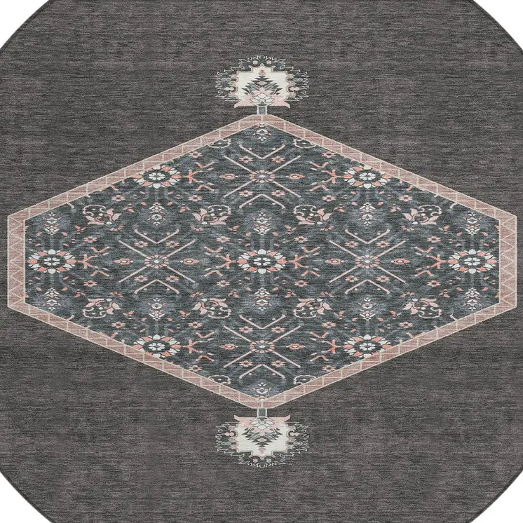 8' Charcoal Pink And Blue Round Oriental Washable Indoor Outdoor Area Rug