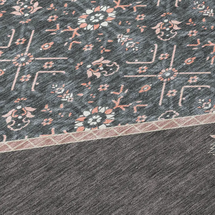 8' Charcoal Pink And Blue Round Oriental Washable Indoor Outdoor Area Rug