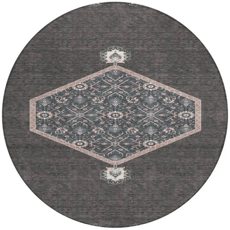 8' Charcoal Pink And Blue Round Oriental Washable Indoor Outdoor Area Rug