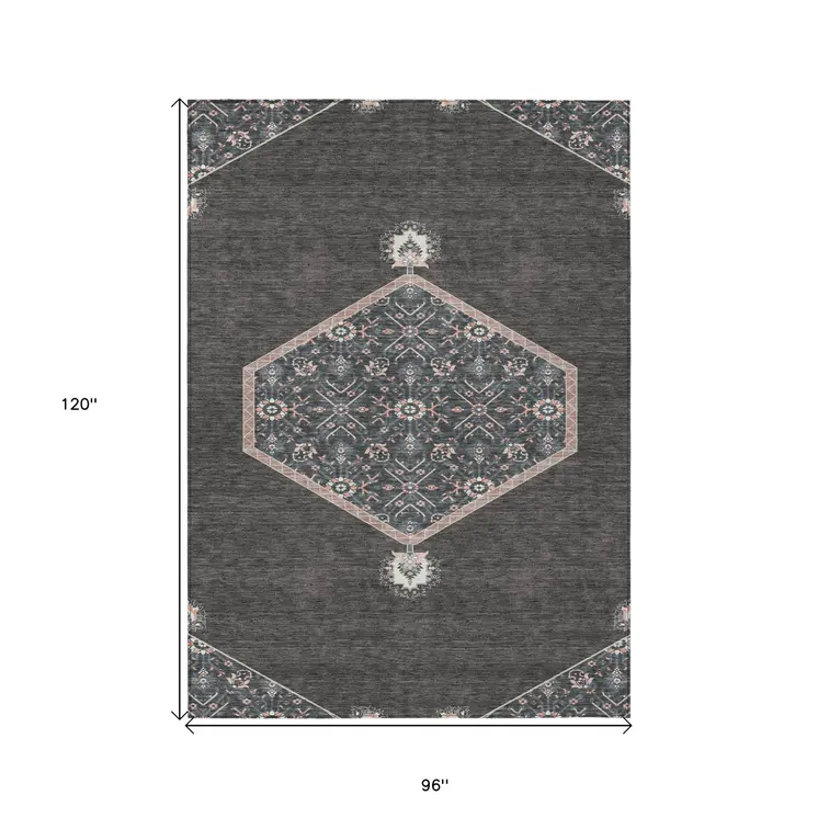 8' X 10' Charcoal Pink And Blue Oriental Washable Indoor Outdoor Area Rug