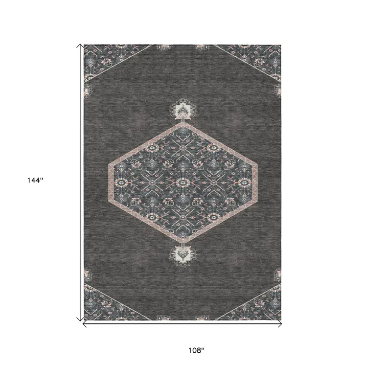 9' X 12' Charcoal Pink And Blue Oriental Washable Indoor Outdoor Area Rug