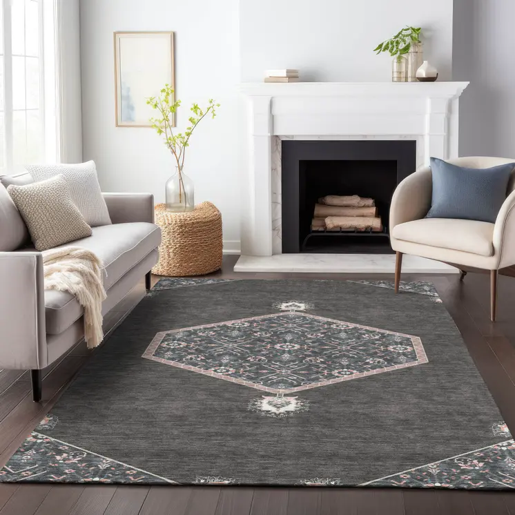 9' X 12' Charcoal Pink And Blue Oriental Washable Indoor Outdoor Area Rug