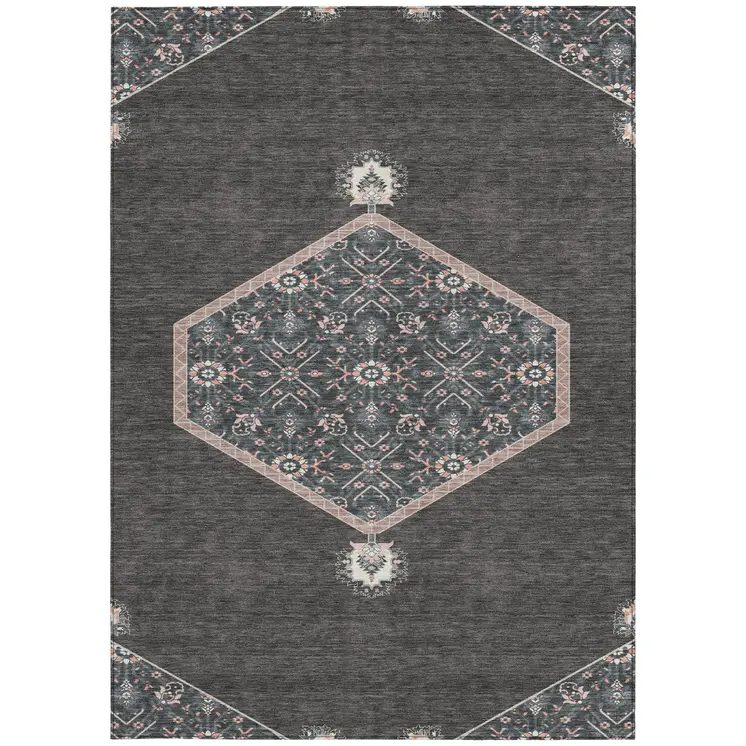 10' X 14' Charcoal Pink And Blue Oriental Washable Indoor Outdoor Area Rug