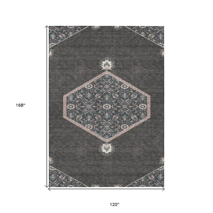 10' X 14' Charcoal Pink And Blue Oriental Washable Indoor Outdoor Area Rug