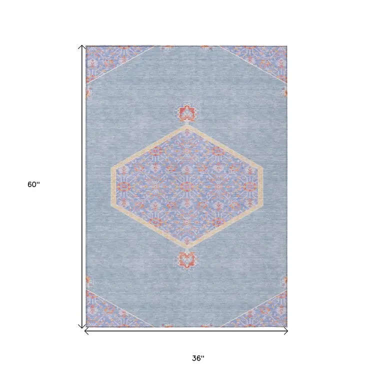 3' X 5' Denim Blue And Orange Oriental Washable Indoor Outdoor Area Rug
