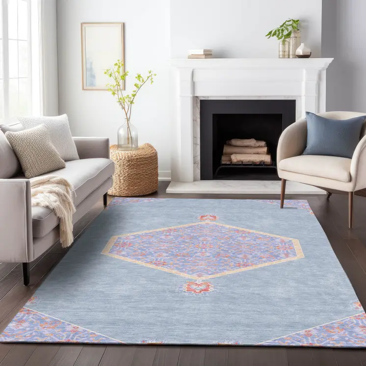 3' X 5' Denim Blue And Orange Oriental Washable Indoor Outdoor Area Rug