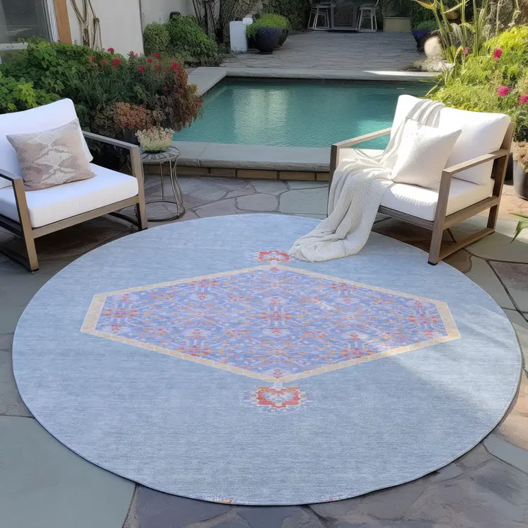 8' Denim Blue And Orange Round Oriental Washable Indoor Outdoor Area Rug