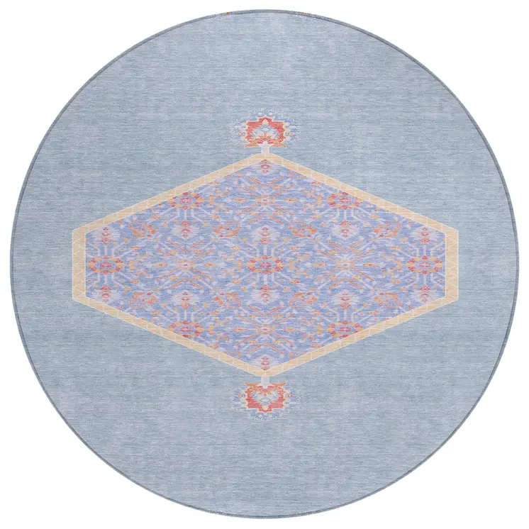 8' Denim Blue And Orange Round Oriental Washable Indoor Outdoor Area Rug