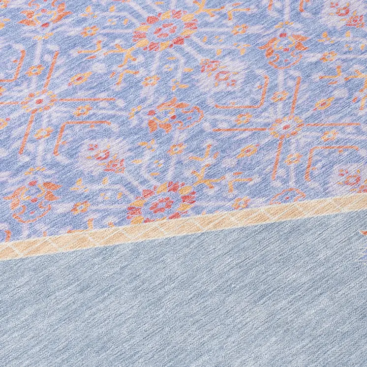 8' Denim Blue And Orange Round Oriental Washable Indoor Outdoor Area Rug