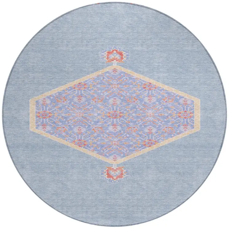8' Denim Blue And Orange Round Oriental Washable Indoor Outdoor Area Rug