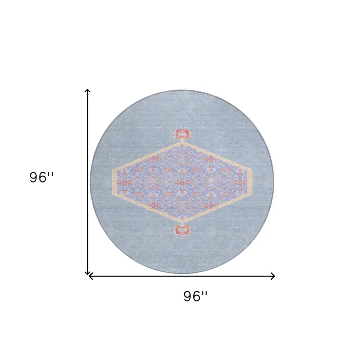 8' Denim Blue And Orange Round Oriental Washable Indoor Outdoor Area Rug
