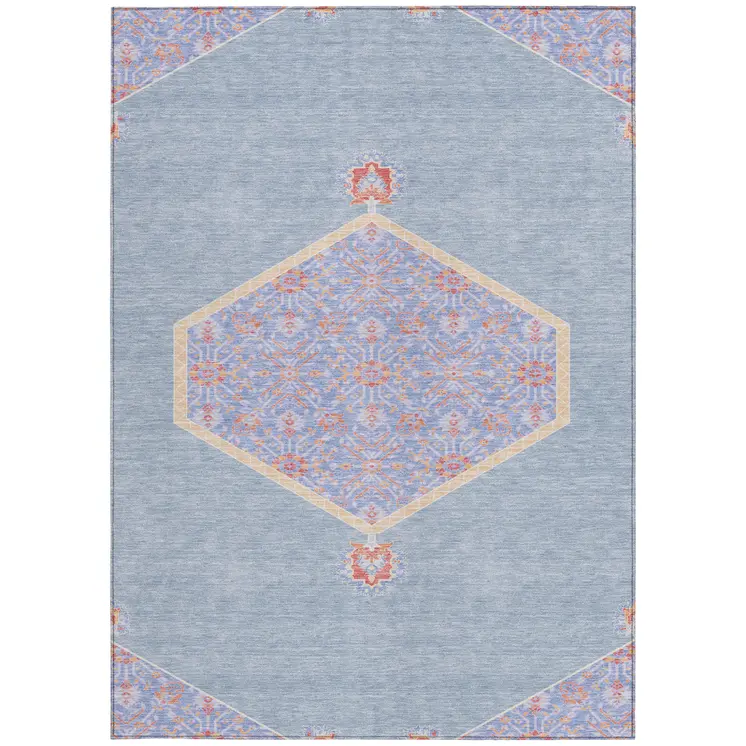 9' X 12' Denim Blue And Orange Oriental Washable Indoor Outdoor Area Rug