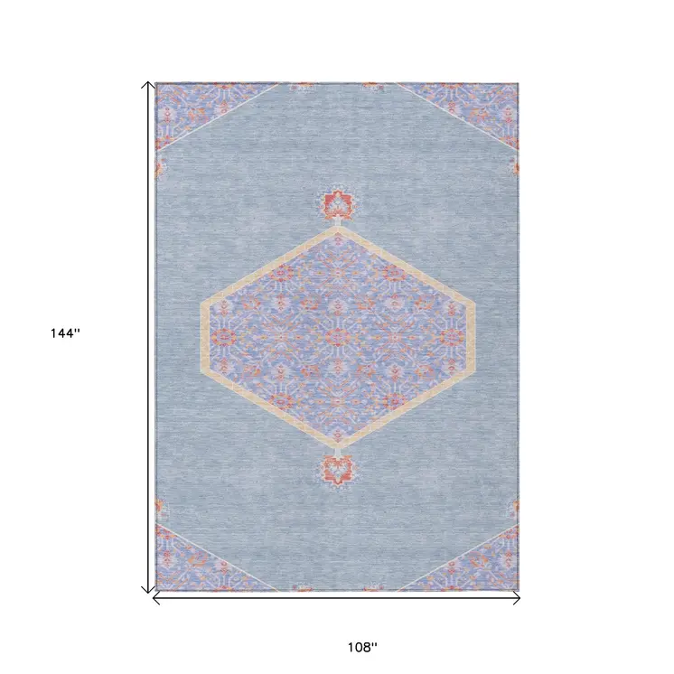 9' X 12' Denim Blue And Orange Oriental Washable Indoor Outdoor Area Rug